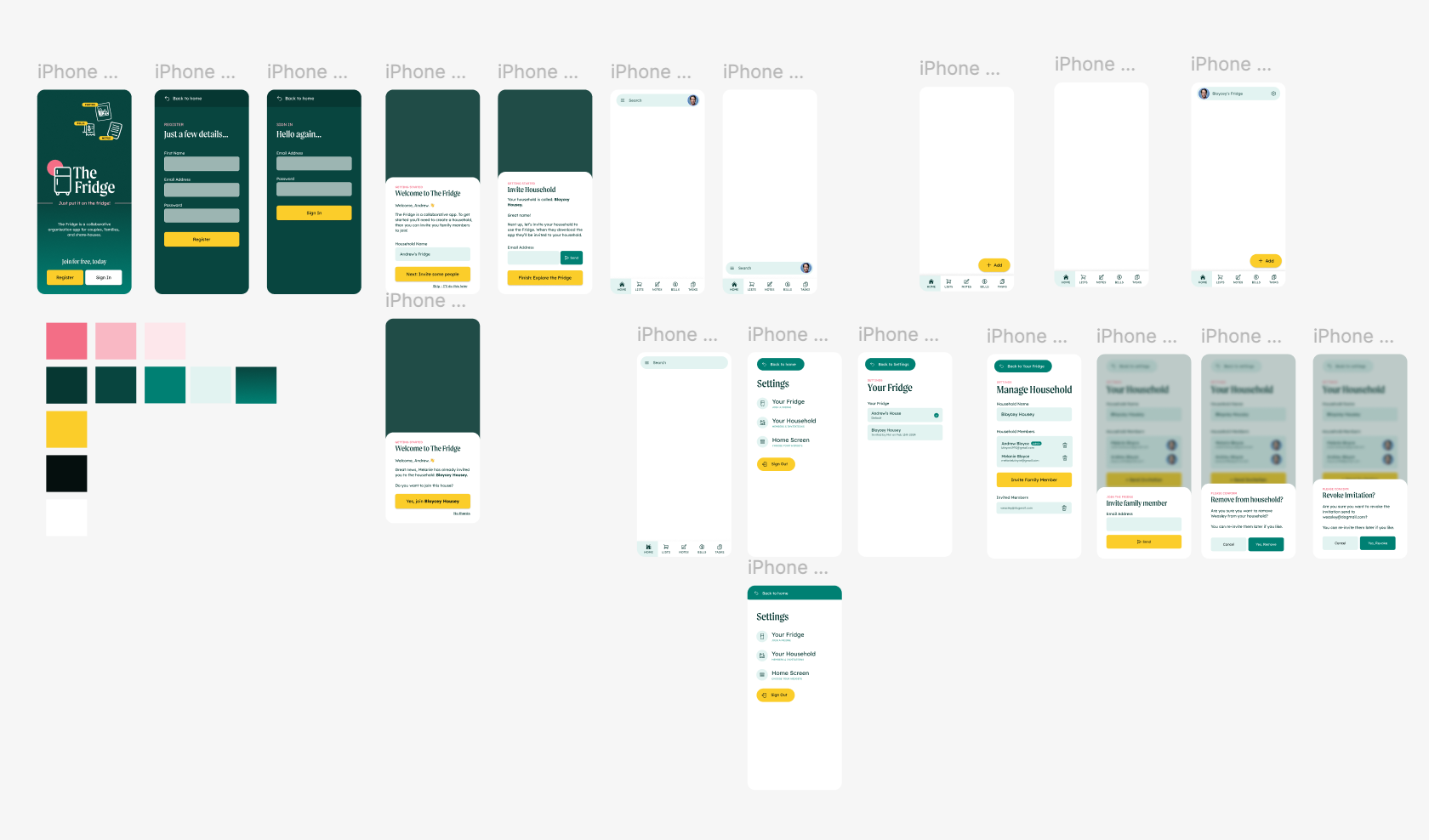 Figma frames of The Fridge: the landing screen, register and sign-in, onboarding, household settings, and the colour palette.