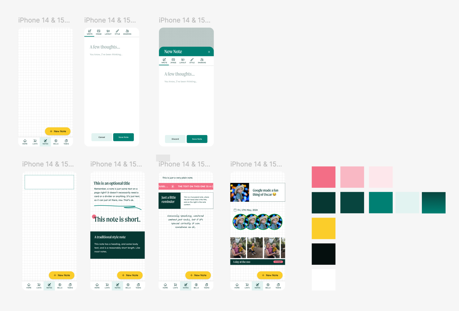 Figma frames of The Fridge notes feature: the note editor and several note styles.