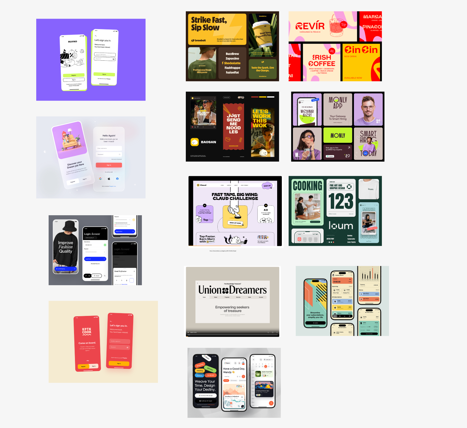 A moodboard of app, branding, and UI references collected to set the visual direction for The Fridge.