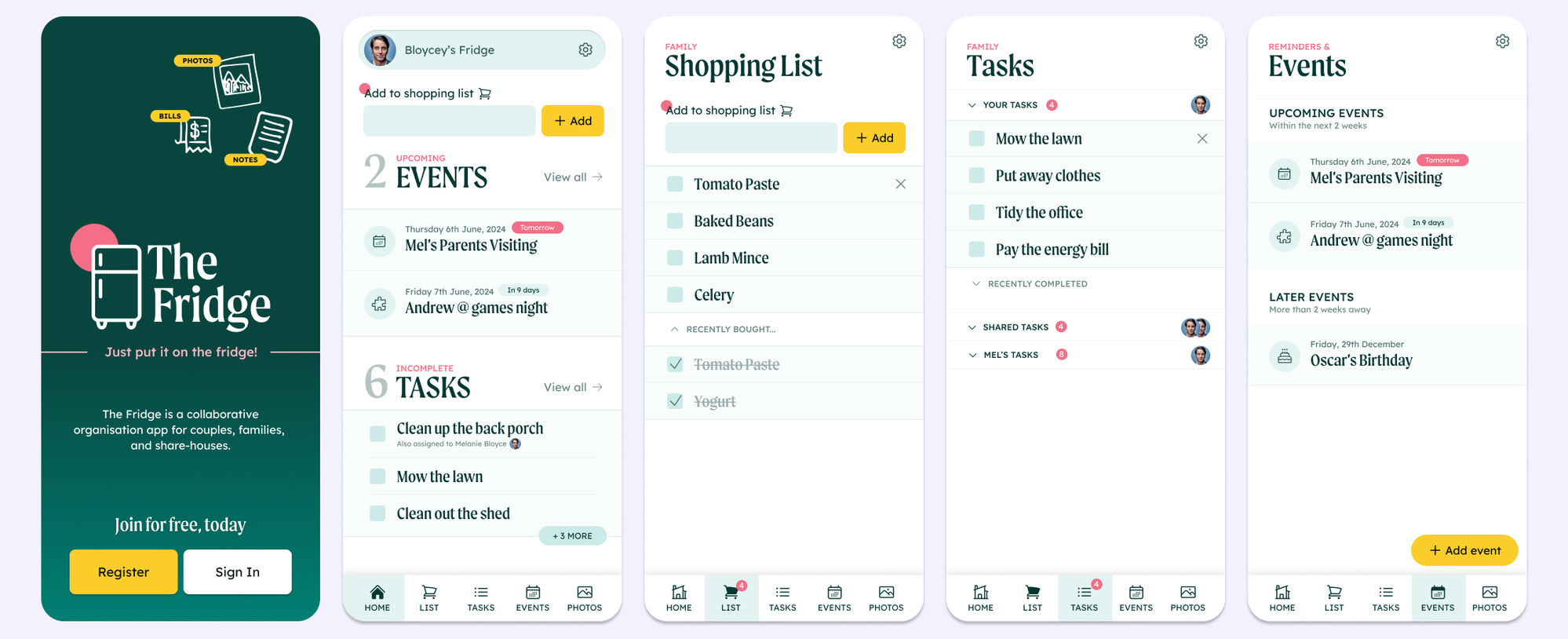 Five screens of the built Fridge app: the branded landing screen, the home overview, the shared shopping list, the family tasks view, and upcoming events.