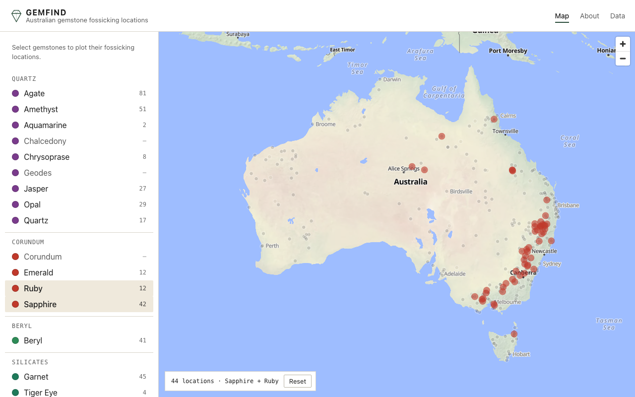 Gemfind filtered to sapphire and ruby, showing only those localities plotted on the map.