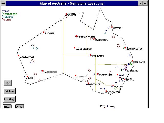 The 1997 GEMFIND program: a grey Windows 3.1 window titled 'Map of Australia - Gemstone Locations', with a black-outline map dotted with small circles and Opt, Plot and Quit buttons.