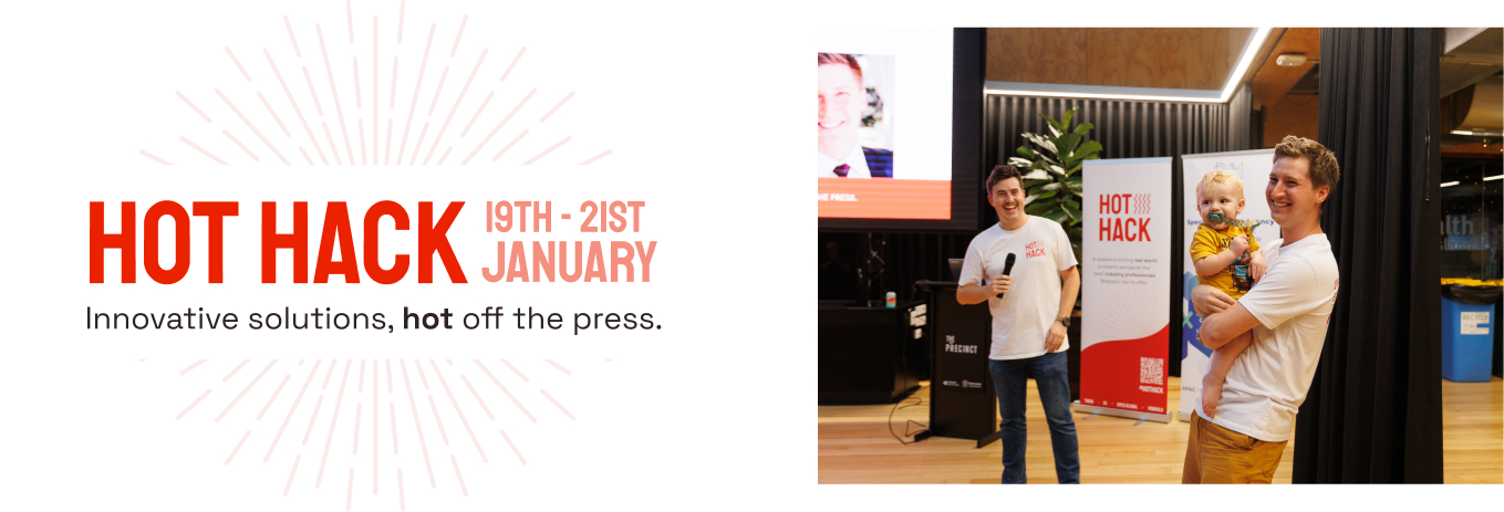 The HotHack brand: the red 'HOT HACK' wordmark and 'innovative solutions, hot off the press' tagline, beside photos from the event showing HotHack pull-up banners.