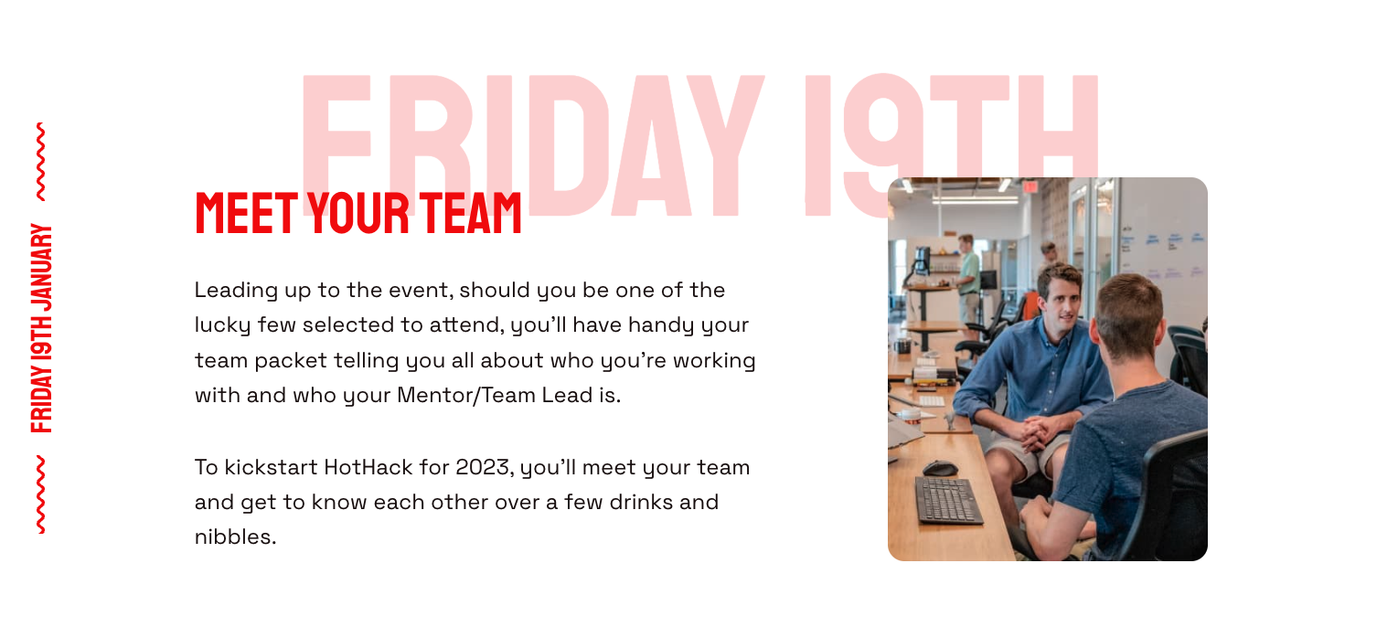 The HotHack 'Friday 19th — meet your team' timeline section, with body copy and a photo of two people talking at a desk.