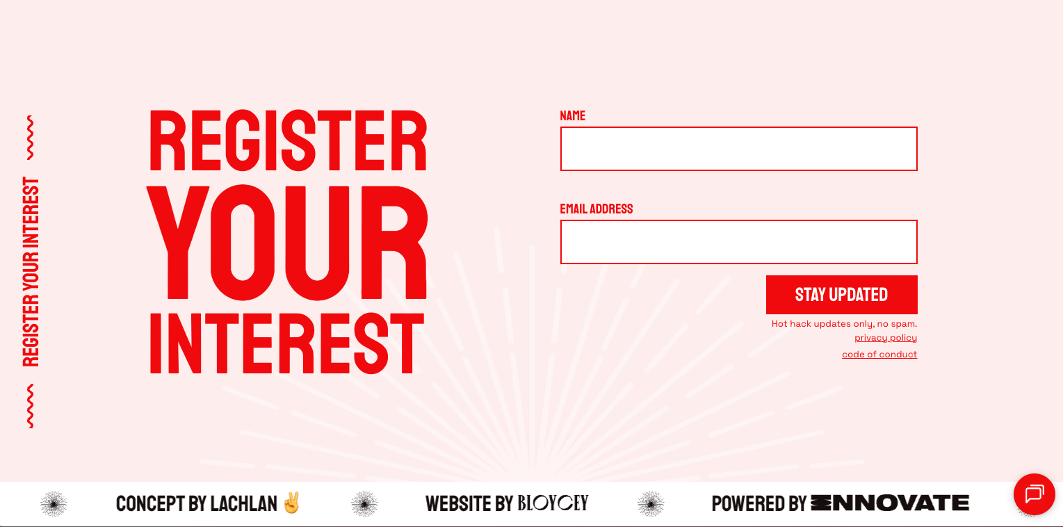 The HotHack site's register-your-interest section: a huge red 'REGISTER YOUR INTEREST' headline, a name and email form, and a footer reading concept by Lachlan, website by Bloycey, powered by Ennovate.