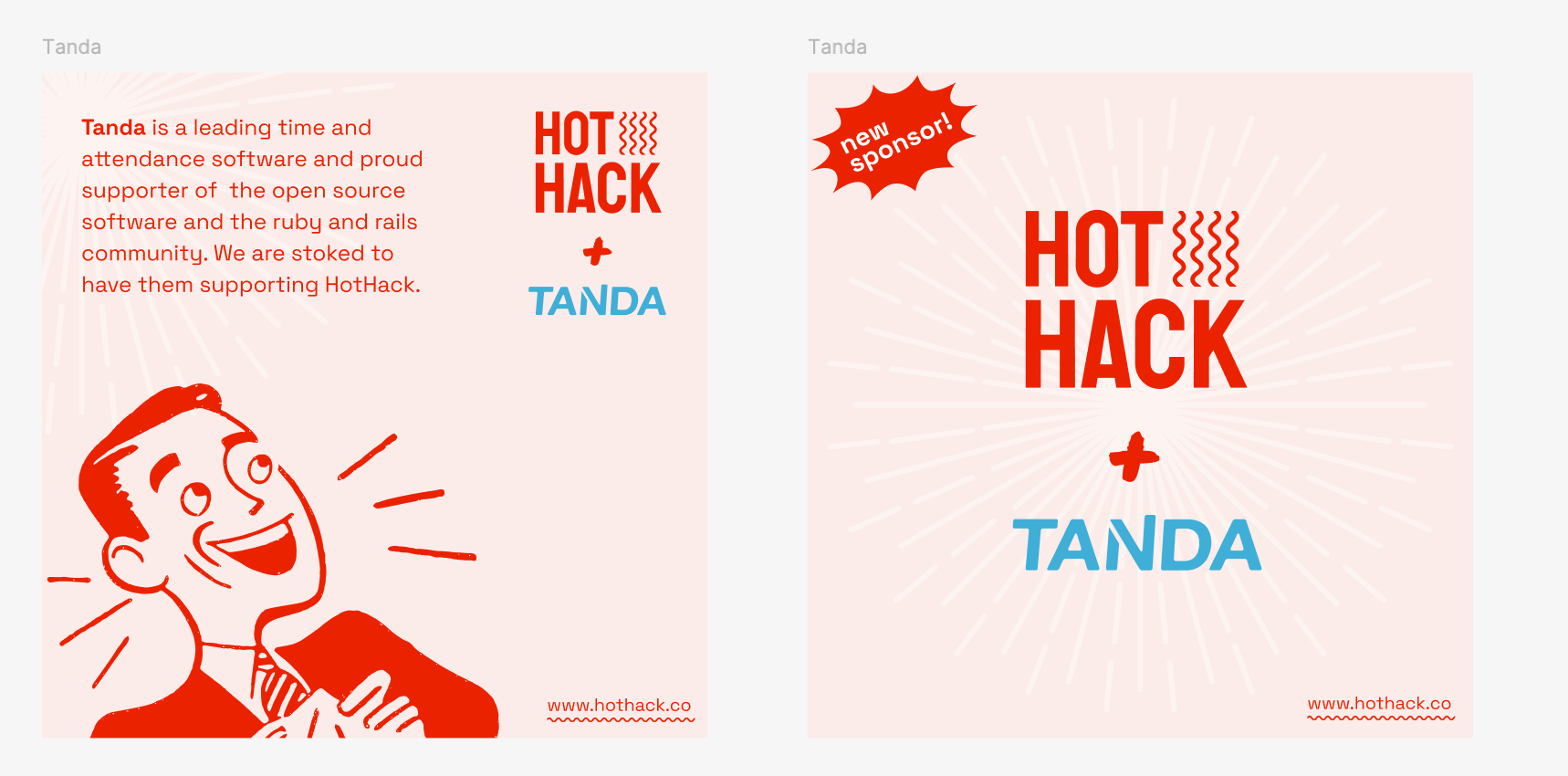Two HotHack sponsor-announcement social graphics for Tanda — the HOT HACK + TANDA lockup with a retro illustrated character and a 'new sponsor!' starburst.