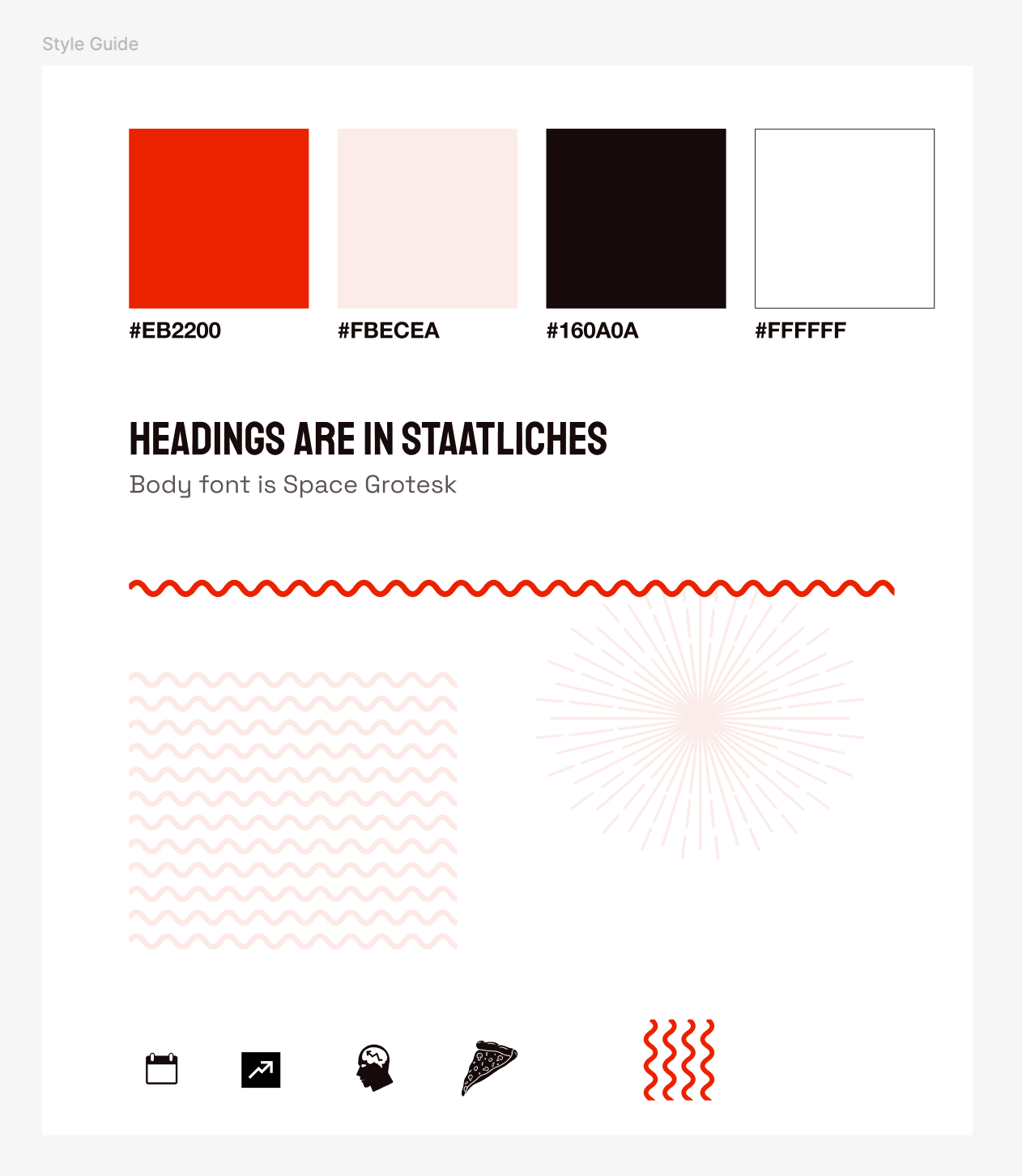 The HotHack style guide: the colour palette (#EB2200 red, #FBECEA pink, #160A0A near-black, white), Staatliches headings and Space Grotesk body, and the wavy sizzle and starburst motifs with a small icon set.