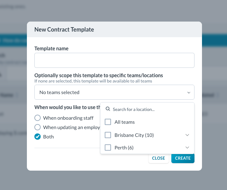 A New Contract Template modal: a text input, a searchable team and location multiselect, radio options, and primary actions.