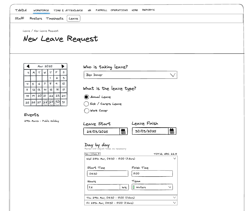 A hand-drawn Excalidraw wireframe of a New Leave Request screen: a month calendar, a who-is-taking-leave select, leave-type radio buttons, start and finish dates, and a day-by-day hours breakdown.