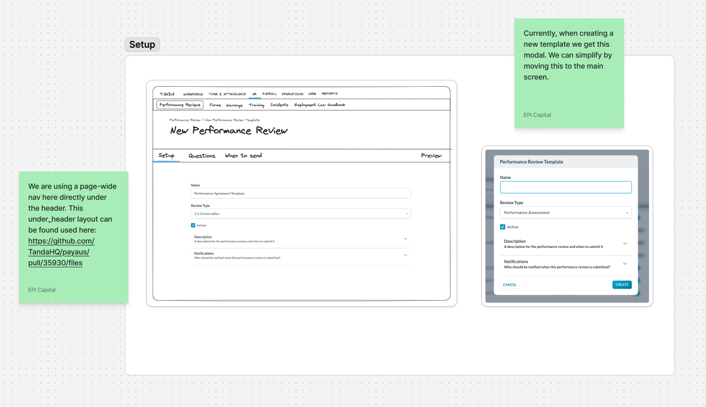 A FigJam board comparing the current template-creation modal with a proposed full-page layout, annotated with notes on simplifying the flow and reusing an existing page pattern.