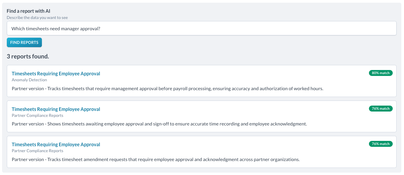 A Find a report with AI feature: a prompt input, a Find Reports button, and result cards with percentage-match pills.
