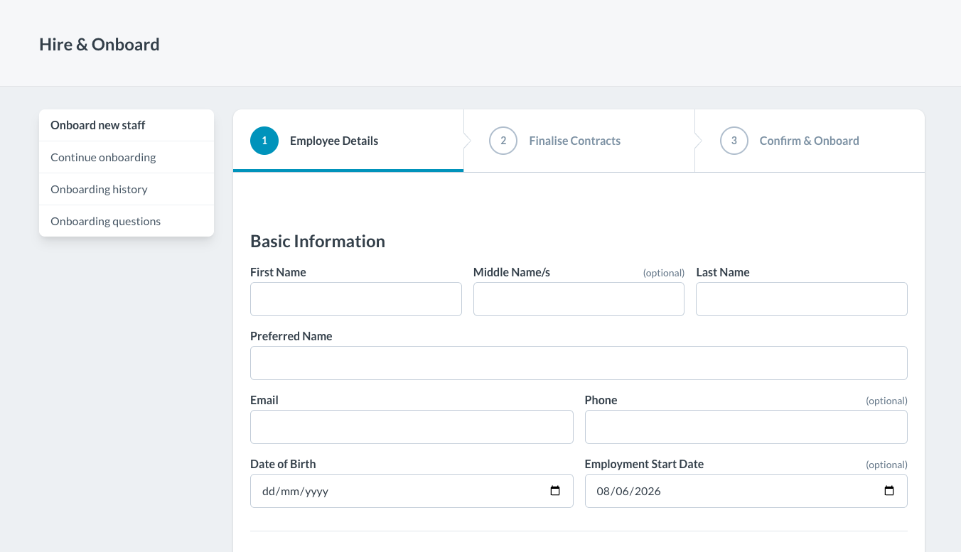 A multi-step Hire & Onboard flow built from the design system: stepped tabs, side navigation, and text and date input fields.