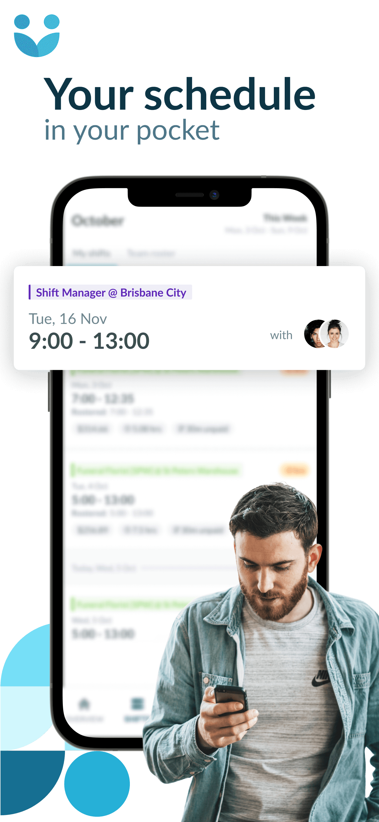 The Tanda mobile app showing a weekly schedule with a highlighted shift card.